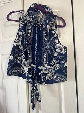 Joie Navy Blue and White Floral Tie-Front Sleeveless Camisole